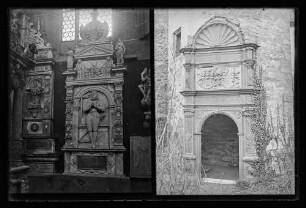Epitaphe in der Stiftskirche Wertheim, u.a. Epitaph Graf Philipp von Manderscheid, und Portal des Achteckturms von 1562 zum Palas der Burg Wertheim