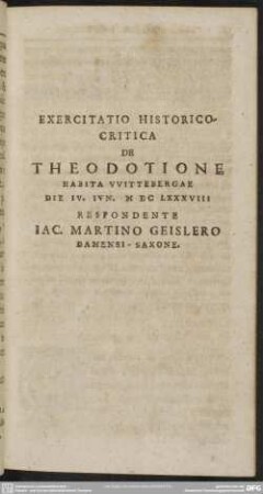 Exercitatio Historico-Critica De Theodotine