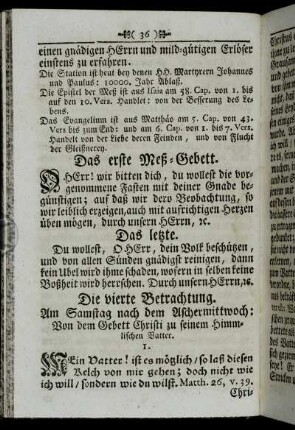 Die vierte Betrachtung. Am Samstag nach dem Aschermittwoch : Von dem Gebett Christi zu seinem Himmlischen Vatter.
