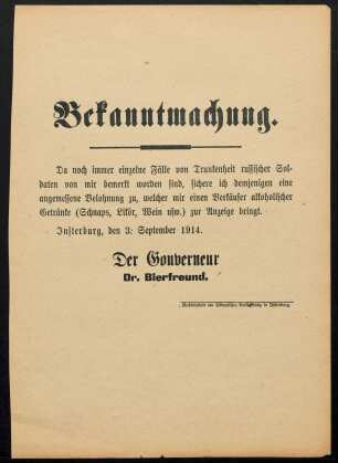 Bekanntmachung. Da noch immer einzelne Fälle von Trunkenheit russischer Soldaten [...]