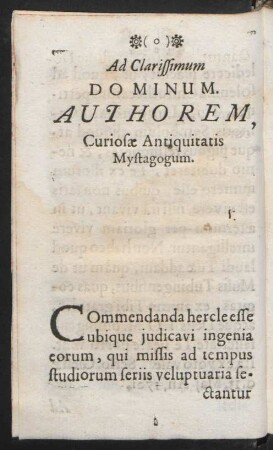 Ad Clarissimum Dominum. Authorem, Curiosae Antiquitatis Mystagogum.