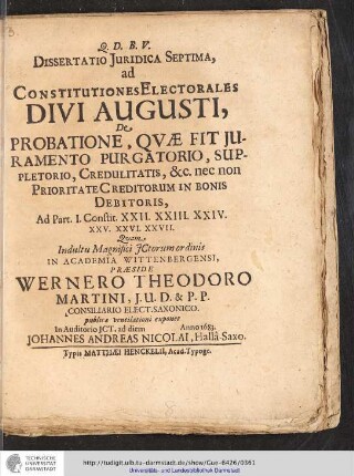 VII. Johanne Andrea Nicolai. De Prioritate & concnrsu Creditorum.