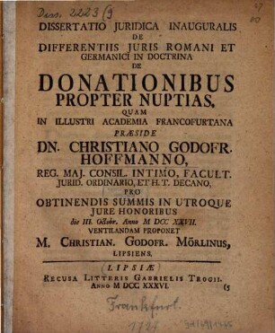 Dissertatio Juridica Inauguralis De Differentiis Juris Romani Et Germanici In Doctrina De Donationibus Propter Nuptias