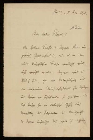 122: Brief von Eduard Droop an Gottlieb Planck, Berlin, 7.2.1870