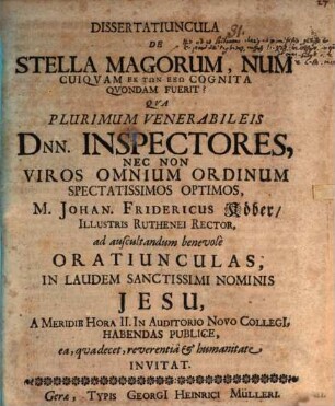 Dissertatiuncula de stella magorum, num cuiquam ek tōn exō cognita quondam fuerit?