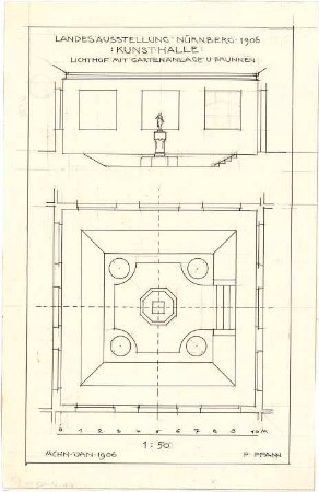 Pfann, Paul; Nürnberg; Landesausstellung 1906, Kunstausstellungsgebäude - Lichthof mit Gartenanlage u. Brunnen (Grundriss m. Ansicht, Ansicht m. Schnitt)