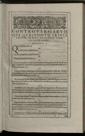 Controversiarum Sive Quaestionum Principalium, In Hoc Tractatu Contentarum, Index