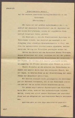Brasilianische Antwort auf das deutsche Memorandum bzgl. eines Eintritts in den Völkerbund