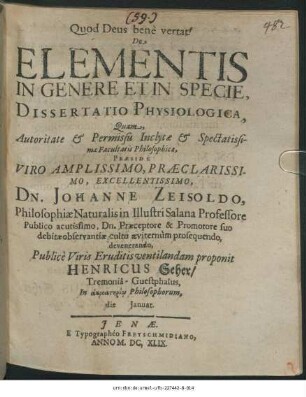 De Elementis In Genere Et In Specie, Dissertatio Physiologica