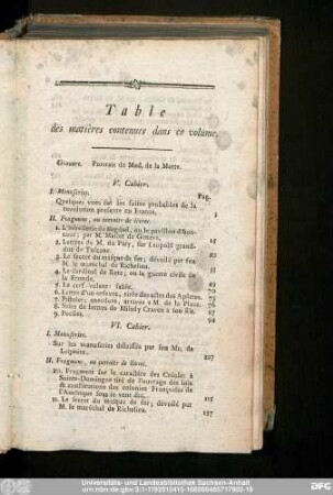 Table des matières contenues dans ce volume.