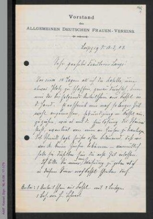 Brief von Johanna Brandstetter an Helene Lange