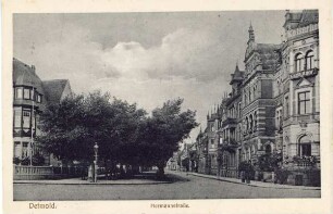 Hermannstraße, Blick vom Bahnhofsvorplatz, im Vordergrund Hotel Kaiserhof (Zeichnung)