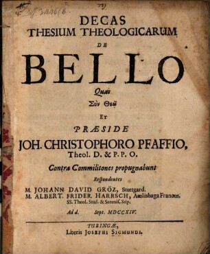 Decas thesium theologicarum de bello