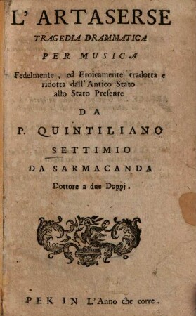 L' Artaserse : Tragedia drammatica per musica