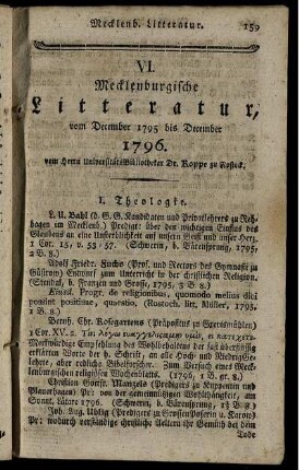 VI. Mecklenburgische Litteratur, vom December 1795 bis December 1796