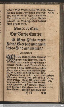 Das XV. Cap. Die Vierde Einrede. O Mein Kind, mein Kind, Gott hat mir mein liebes Kind genommen