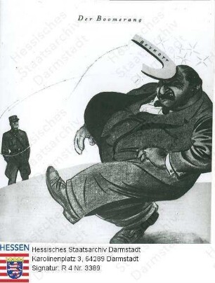 Bevölkerungsgruppen, Juden / Antisemitismus aus der Sicht der NSDAP / Titelblatt mit Karikatur 'Der Boomerang' der satirischen Zeitschrift 'Die Brennessel' Nr. 3/15 vom 12. April 1933 zum Judenboykott 1933