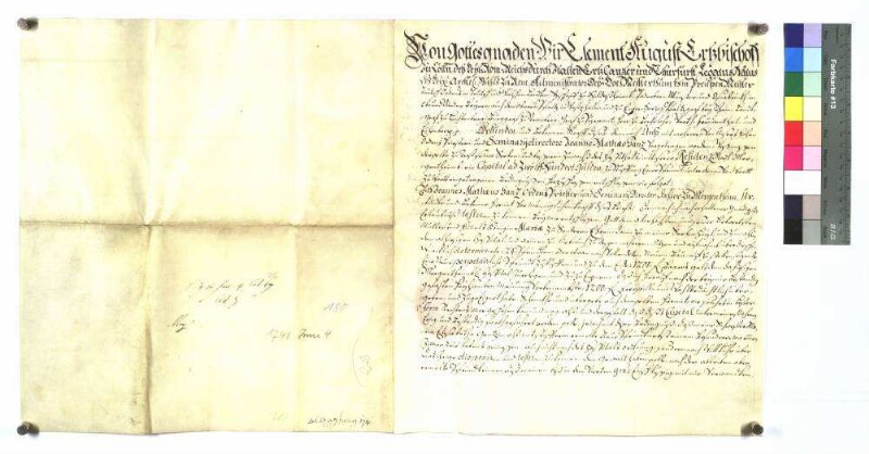 Clemens August, Administrator des Hochmeistertums in Preussen und Meister des Deutschen Ordens in deutschen und welschen Landen, bestätigt, daß Johannes Matthäus Ganz, Ordenspriester und Seminardirektor, dem Hospital zu Mergentheim 1.200 Gulden, wie in der wörtlich inserierten Urkunde niedergelegt, gestiftet hat.