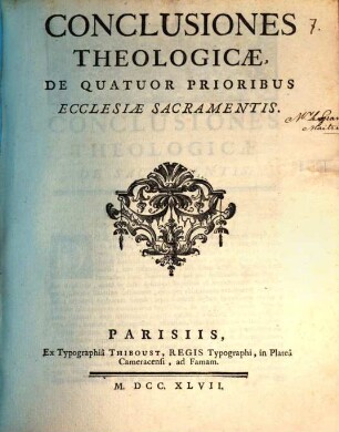 Conclusiones theologicae de quatuor prioribus Ecclesiae sacramentis