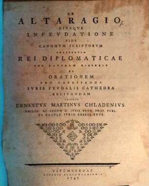 De altaragio, eiusque infeudatione fide canonum scriptorum praesertim rei diplomaticae ...