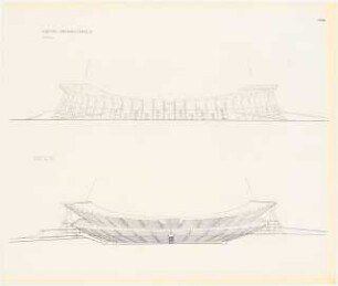 Stadion Oberwiesenfeld, München: Mappe »Wettbewerb Stadion München, Entwurf Professor Werner March«. Außenansicht Süd, Schnitt West-Ost mit Innenansicht Nord (Anzeigetafel), ca. 1:660