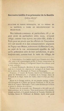 Souvenirs inédits de François Hennequin prisonnier à la Bastille, de 1675 à 1677