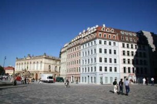 Dresden-Altstadt, Neumarkt 1-3. QF Hotel mit Weigelschem Haus sowie Wohn- und Geschäftshaus. Eckansicht mit Blick auf das Johanneum