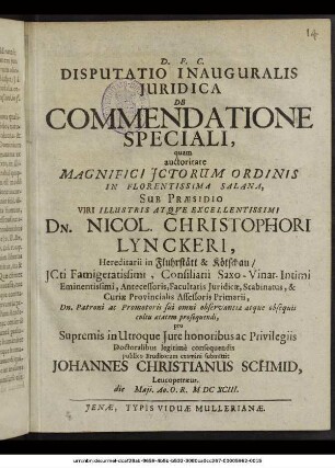 Disputatio Inauguralis Iuridica De Commendatione Speciali