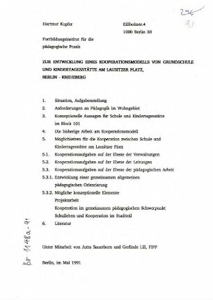 Gutachten: Kooperationsmodell Grundschule und Kindertagesstätte am Lausitzer Platz