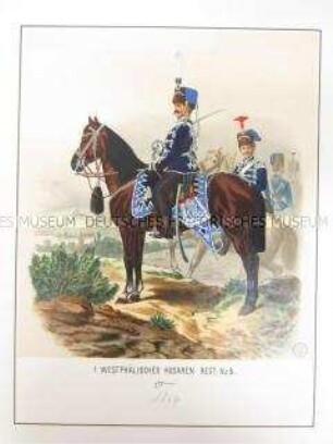 Uniformdarstellung, Offizier des 1. Westfälischen Husaren-Regiments zu Pferd, Preußen, 1864. Tafel 20 aus: Schindler: Militair-Album.