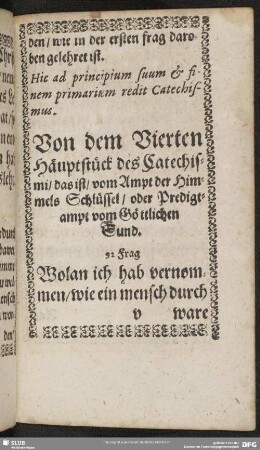 Von dem Vierten Häuptstück des Catechismi, das ist, vom Ampt der Himmels Schlüssel, oder Predigtampt vom Göttlichen Bund
