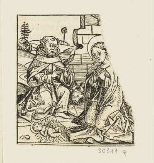 Christuskind mit Maria und Josef, aus: Hartmann Schedel, "Registrum huius operis libri cronicarum cu figuris et ymagibus ab inicio mudi", Nürnberg 12.7.1493, S. XCV verso