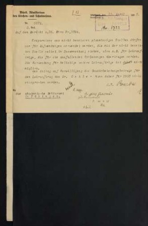 Korrespondenz d. Bewilligung d. Lehrauftrags Oehlers in Chinesisch betreffend (1923)