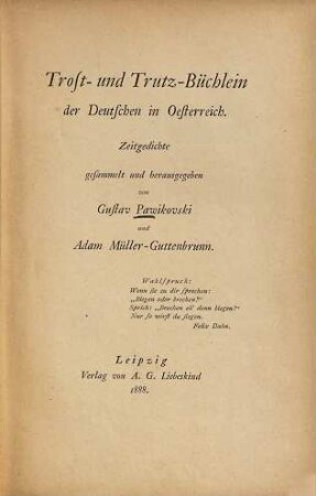Trost- und Trutz-Büchlein der Deutschen in Oesterreich
