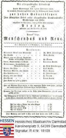 Darmstadt, Hoftheater / Theaterzettel 1807 / Theaterzettel der Krebs'schen Gesellschat zur Aufführung 'Menschenhaß und Reue'