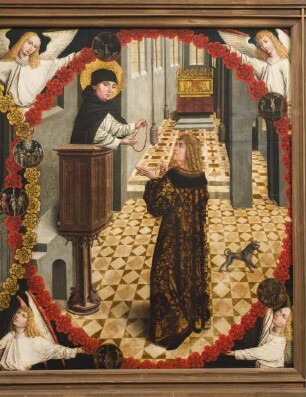 Marienaltar — Drei Darstellungen aus dem Bilderkreis der Rosenkranzandacht — Ein unbekannter Heiliger überreicht von der Kanzel einen Rosenkranz