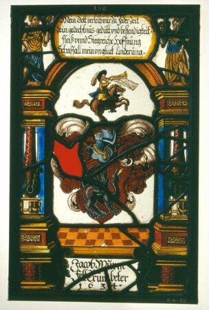 Kabinettscheibe mit Wappen des Trompeters Jakob Wurm in architektonischer Rahmung und zwei weiblichen Figuren. Vgl. Kabinettscheibe Gm.051