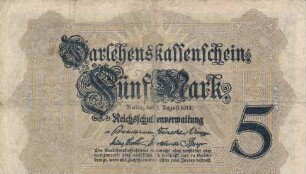 Zahlungsmittel / Darlehnskassenschein / Deutsche Reichsbank / Fünf Mark