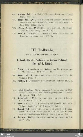 III. Erdkunde, incl. Reisebeschreibungen