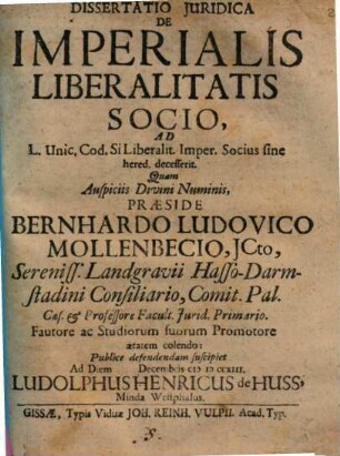 Dissertatio Juridica De Imperialis Liberalitatis Socio