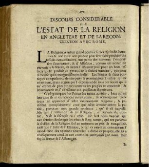 Discous de l'Estat de la Religion en Angleterre & de la Reconciliation avec Rome.
