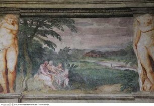 Freskendekoration mit Scheinarchitektur, fingierten Statuen, Figuren der Antike, Landschaften und mythologischen Szenen, Eine Gruppe Männer auf einer Lichtung