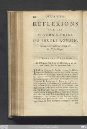Chapitre Premier. De l'Origine fabuleuse des Romains, & de leurs Génie sous les premiers Rois.