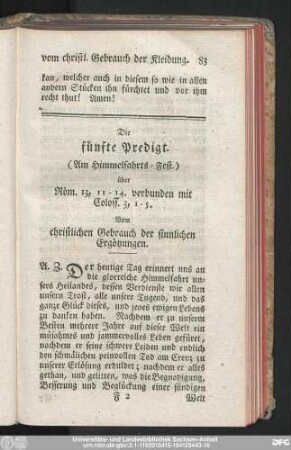Die fünfte Predigt. (Am Himmelfahrts-Fest.) über Röm. 13, 11-14. verbunden mit Coloss. 3, 1-5. Vom christlichen Gebrauch der sinnlichen Ergötzungen.