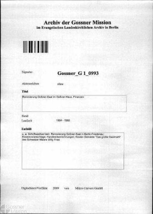 Renovierung Goßner-Saal im Goßner-Haus, Finanzen