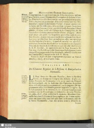 Chapitre LXV. Des Chanoines Reguliers de la Reforme de Bourgachard en Normandie