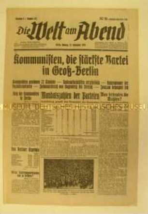 Berliner Abendzeitung "Die Welt am Abend" u.a. zum Wahlerfolg der KPD in Berlin bei der Reichstagswahl