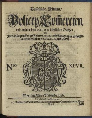 Nro. XLVII, Montags, den 19. Novembr 1736