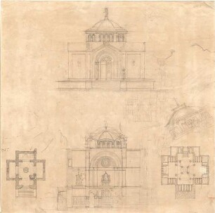 Gärtner, Friedrich von; Scheyern (Bayern); Gruftkapelle, Projekt - Grundrisse, Ansicht, Schnitt