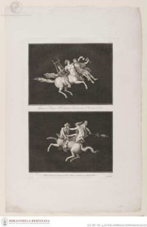 Blatt mit zwei Drucken; oben: Weiblicher Kentaur mit Lyra und Jüngling; unten: Männlicher Kentaur mit Reiterin